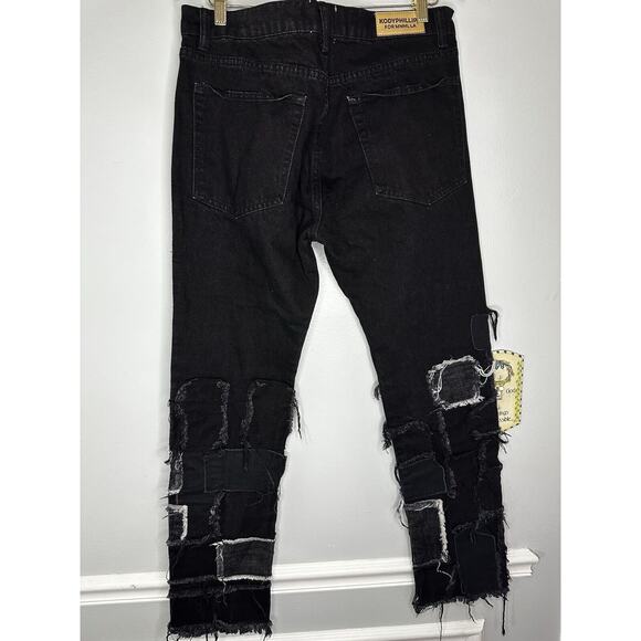 NWOT MEN'S KODY PHILLIPS FOR MNML LA BLACK JEANS RAW EDGE PATCHES SIZE 34 30 - Picture 3 of 8